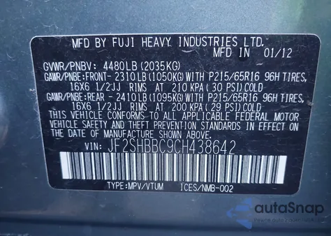 2012 Subaru Forester 2.5X из США, поврежденный, VIN JF2SHBBC9CH438642